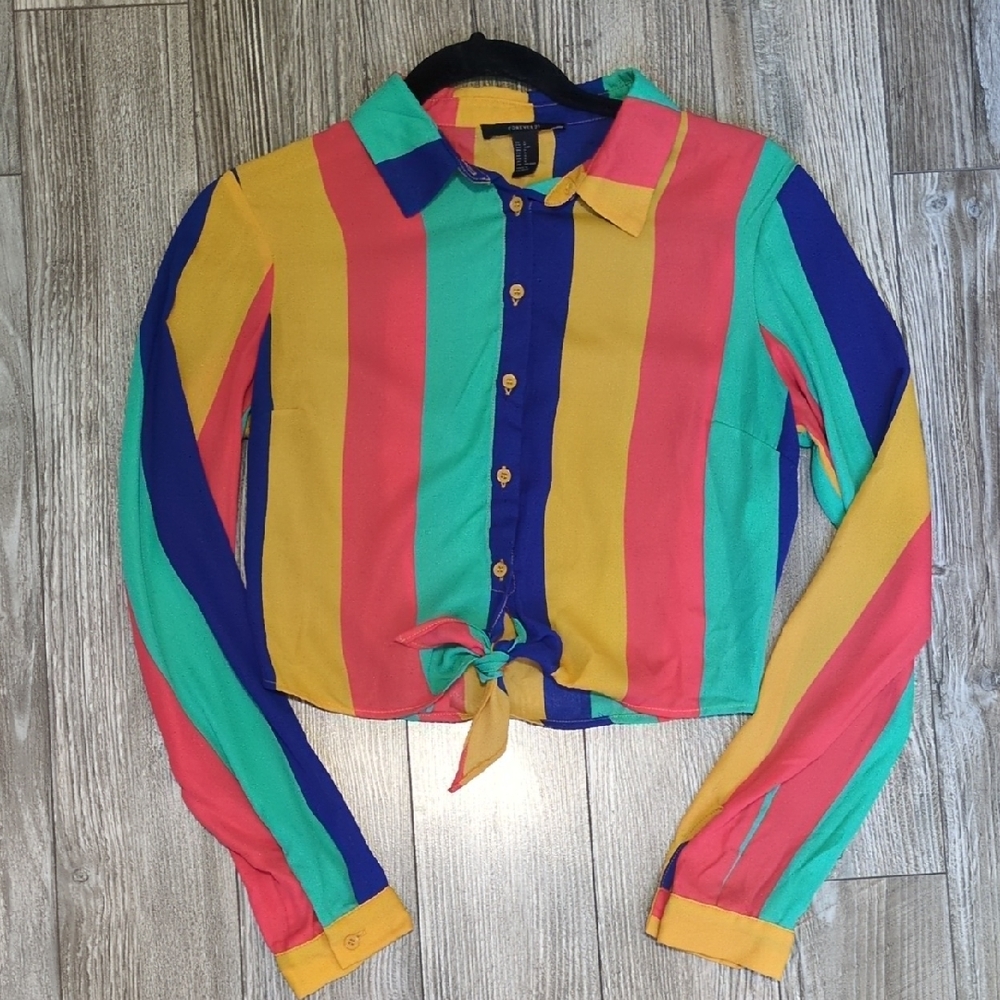 Forever 21 Rainbow Striped Multicolor Button Down Shirt S